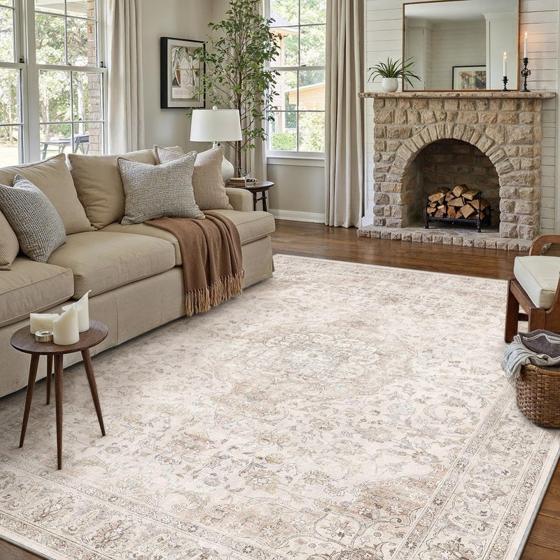 HUGEAR Area Rug 8x10 Vintage Beige Machine Washable Living Room Rugs Thin Neutral Floral Vacuumable Low Pile Carpet Bedroom Office Dining Room Laundry Room Non Slip Soft Lightweight - Image 3