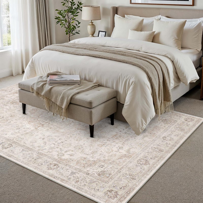 HUGEAR Area Rug 8x10 Vintage Beige Machine Washable Living Room Rugs Thin Neutral Floral Vacuumable Low Pile Carpet Bedroom Office Dining Room Laundry Room Non Slip Soft Lightweight - Image 4