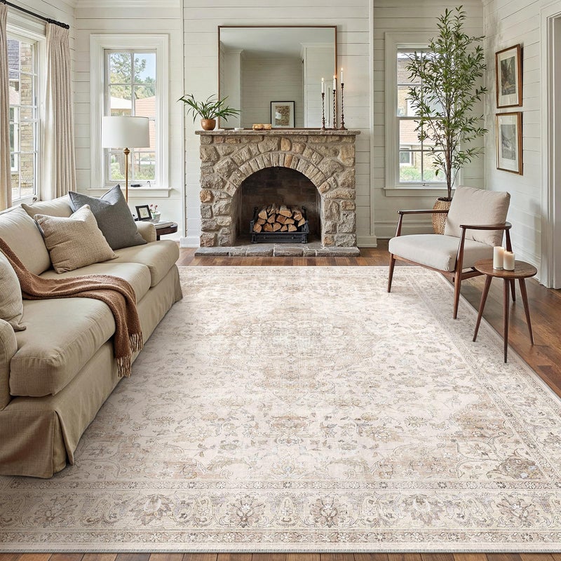 HUGEAR Area Rug 8x10 Vintage Beige Machine Washable Living Room Rugs Thin Neutral Floral Vacuumable Low Pile Carpet Bedroom Office Dining Room Laundry Room Non Slip Soft Lightweight - Image 1