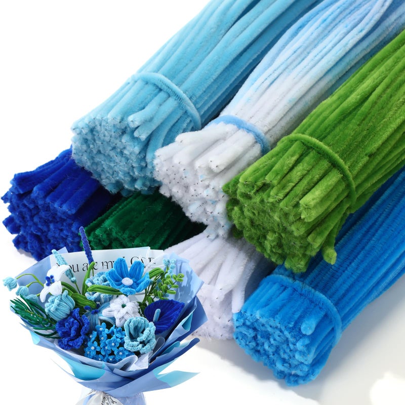 DaisyInner 700 Pcs Pipe DIY Cleaners for Craft Cleaners Flower Pipe Bulk Pastel Chenille Stems Flower Gradient Colored Fluffy for Valentine's Day School Party Decor(Blue Theme) - Image 1