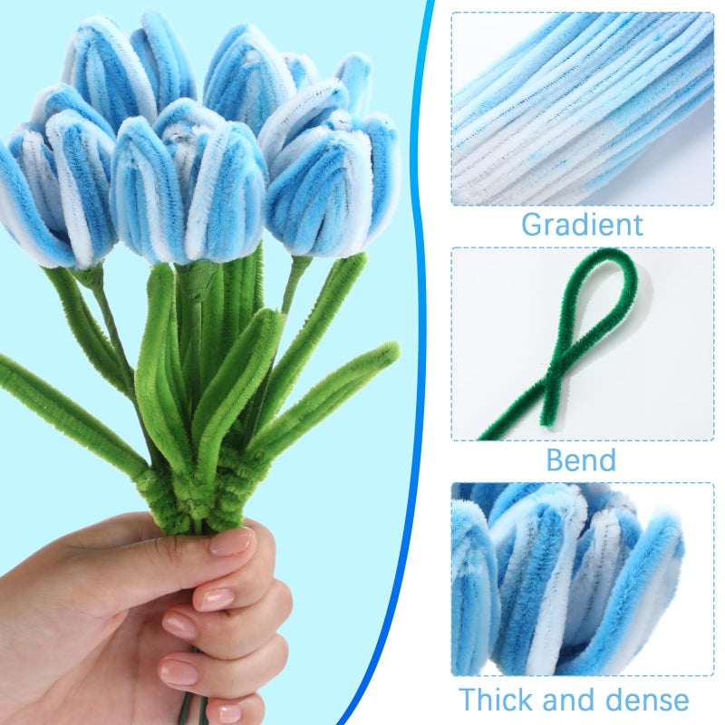 DaisyInner 700 Pcs Pipe DIY Cleaners for Craft Cleaners Flower Pipe Bulk Pastel Chenille Stems Flower Gradient Colored Fluffy for Valentine's Day School Party Decor(Blue Theme) - Image 3