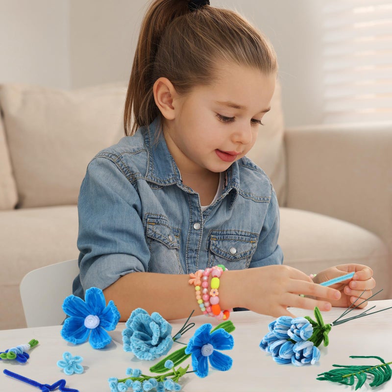 DaisyInner 700 Pcs Pipe DIY Cleaners for Craft Cleaners Flower Pipe Bulk Pastel Chenille Stems Flower Gradient Colored Fluffy for Valentine's Day School Party Decor(Blue Theme) - Image 5