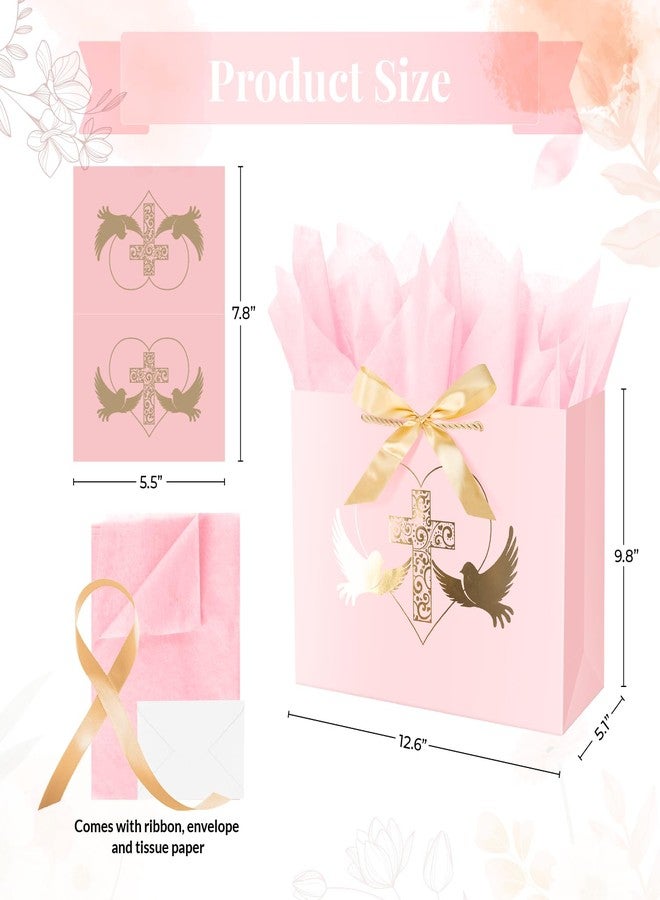 Linelglobal Baptism Gift Bag with Tissue Paper for Girl Pink Cross Gift Bag for Christenings First Communions Religious 12.6" - Image 2