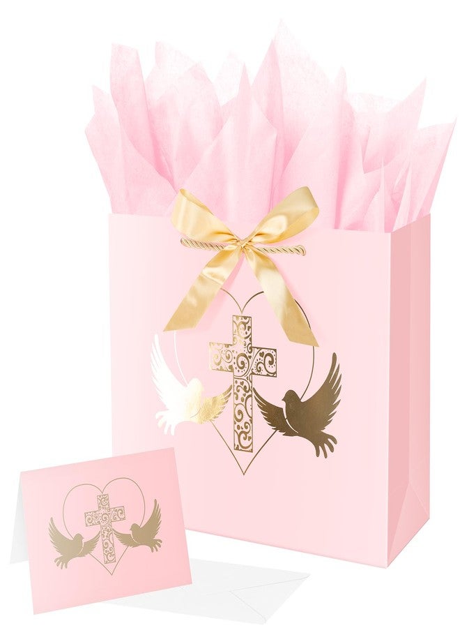 Linelglobal Baptism Gift Bag with Tissue Paper for Girl Pink Cross Gift Bag for Christenings First Communions Religious 12.6" - Image 1