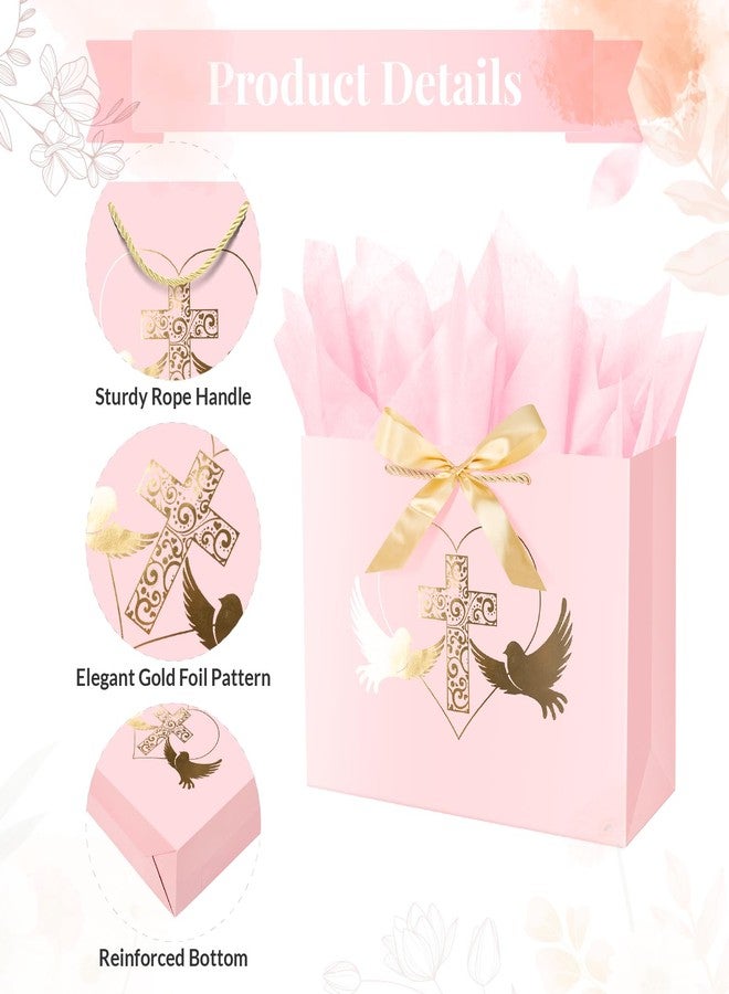 Linelglobal Baptism Gift Bag with Tissue Paper for Girl Pink Cross Gift Bag for Christenings First Communions Religious 12.6" - Image 3