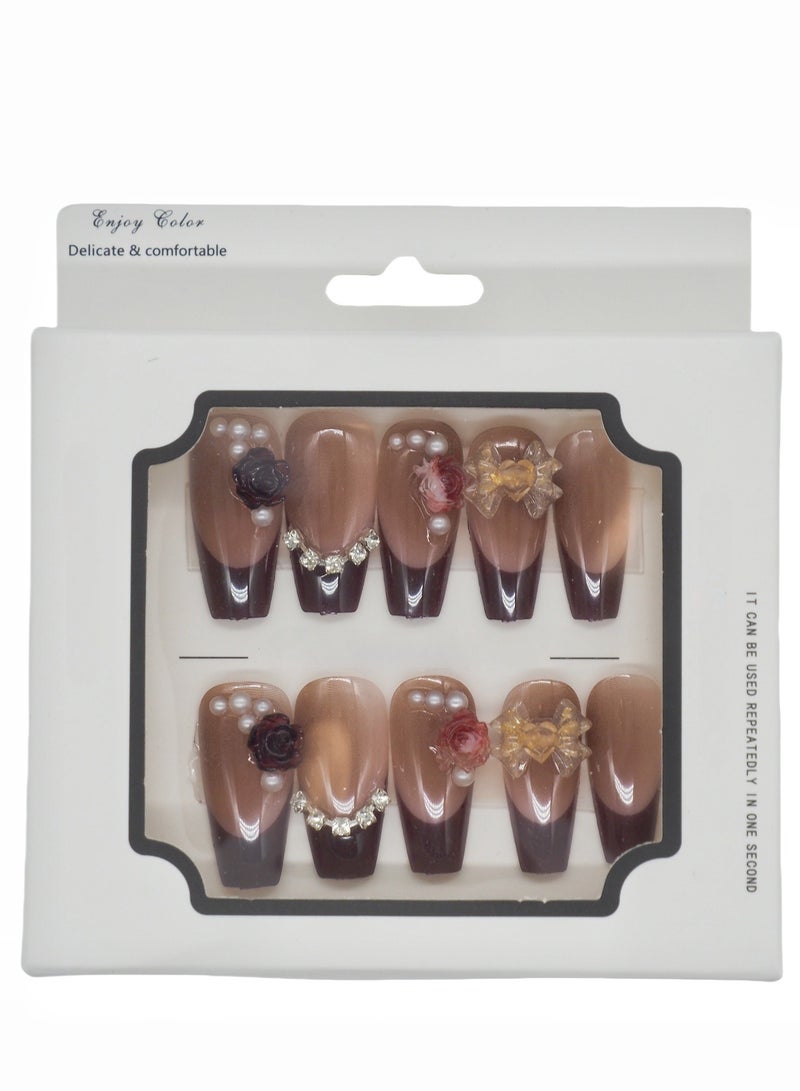 French Press-on Nails 24 Pieces: Rose Pearl & Crystal Black Edge Artificial Nails - Classy Elegant Style. Safe Removal at Home + Glue Kit. - Image 1