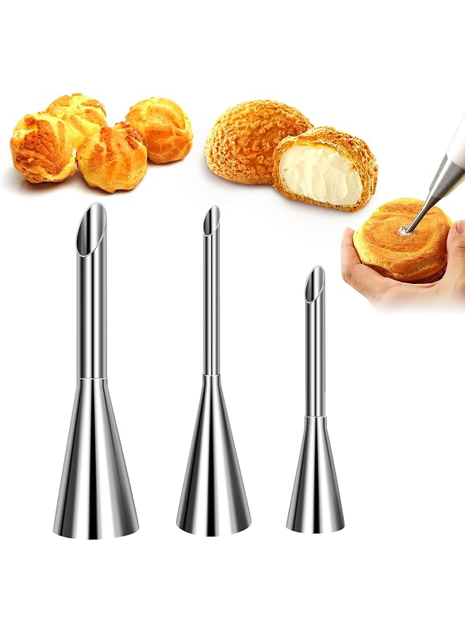 S-TOP Cream Piping Tips, Stainless Steel Long Cream Puff Nozzle Decor Small Pastry Icing Piping Decorating Tools (3 Pieces) - Image 1