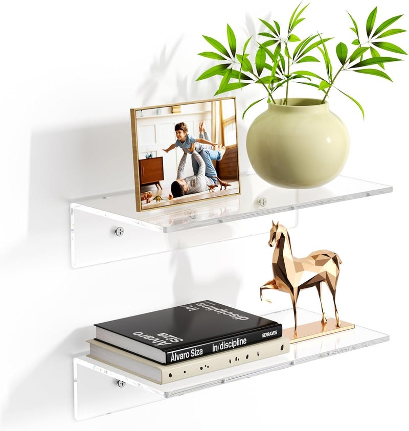NIYANETAIL DIY 2 PCS 6" Acrylic Floating Shelves – Clear Wall Display Shelves for Lego, Plants, Perfumes, Books – 5mm Thick Wall-Mounted Acrylic Shelf Set for Bedroom, Living Room & Office (12 Inches) - Image 1