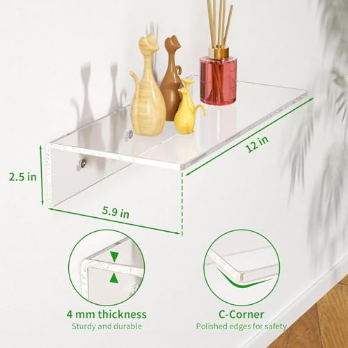 NIYANETAIL DIY 2 PCS 6" Acrylic Floating Shelves – Clear Wall Display Shelves for Lego, Plants, Perfumes, Books – 5mm Thick Wall-Mounted Acrylic Shelf Set for Bedroom, Living Room & Office (12 Inches) - Image 2