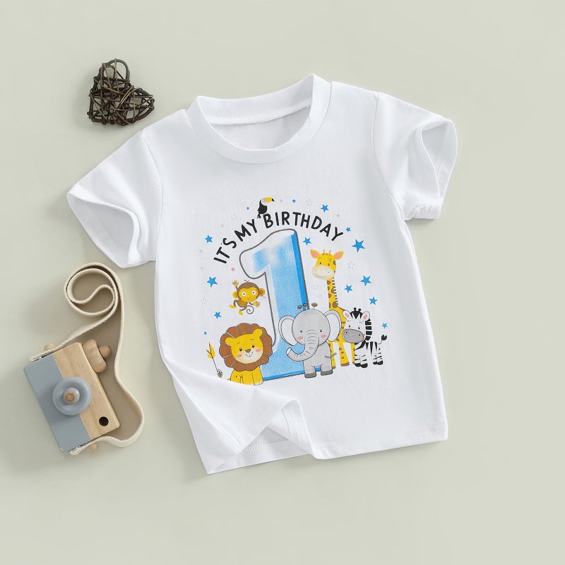 Pudcoco Infant Baby Boys Girls First Birthday Outfit 1st Birthday T-Shirt Wild One Safari Zoo Jungle Animals Shirt (White Blue, 12-18 Months) - Image 2