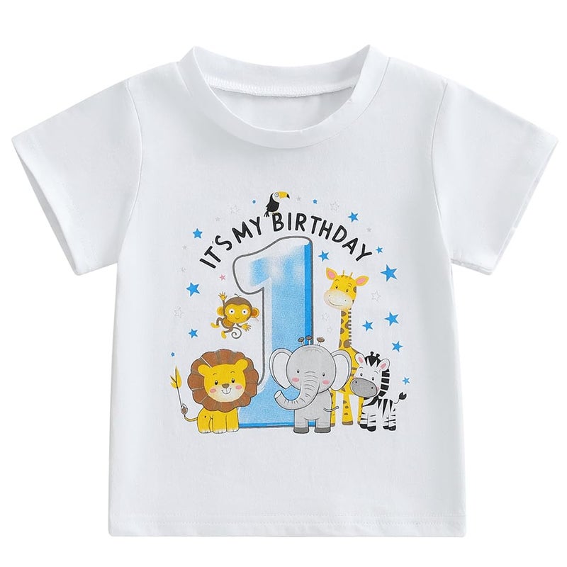Pudcoco Infant Baby Boys Girls First Birthday Outfit 1st Birthday T-Shirt Wild One Safari Zoo Jungle Animals Shirt (White Blue, 12-18 Months) - Image 1