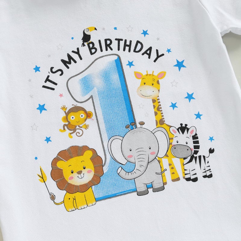 Pudcoco Infant Baby Boys Girls First Birthday Outfit 1st Birthday T-Shirt Wild One Safari Zoo Jungle Animals Shirt (White Blue, 12-18 Months) - Image 4