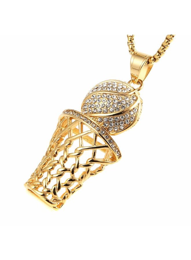 HZMAN Basketball Hoop Necklace for Men Stainless Steel 18K Gold Plated Cubic Zirconia Basketball Rim Sports Pendant Jewelry Gift, Small, Cubic Zirconia - Image 2