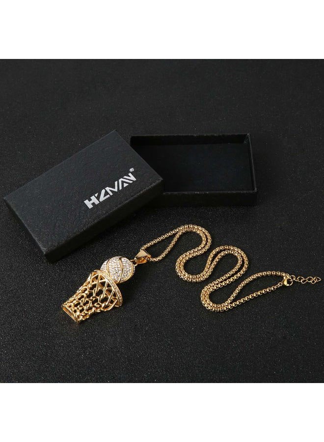 HZMAN Basketball Hoop Necklace for Men Stainless Steel 18K Gold Plated Cubic Zirconia Basketball Rim Sports Pendant Jewelry Gift, Small, Cubic Zirconia - Image 5