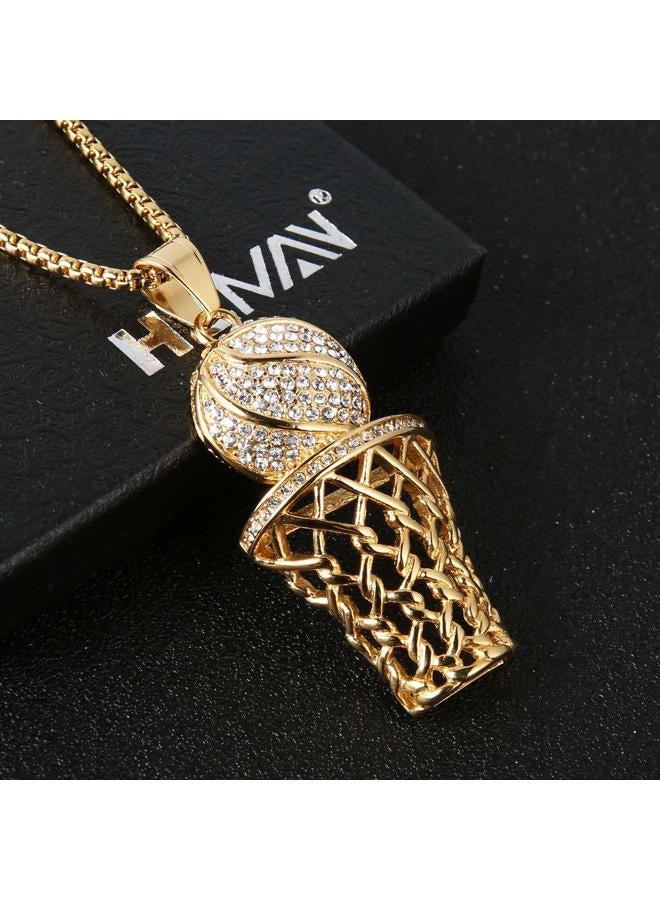HZMAN Basketball Hoop Necklace for Men Stainless Steel 18K Gold Plated Cubic Zirconia Basketball Rim Sports Pendant Jewelry Gift, Small, Cubic Zirconia - Image 3