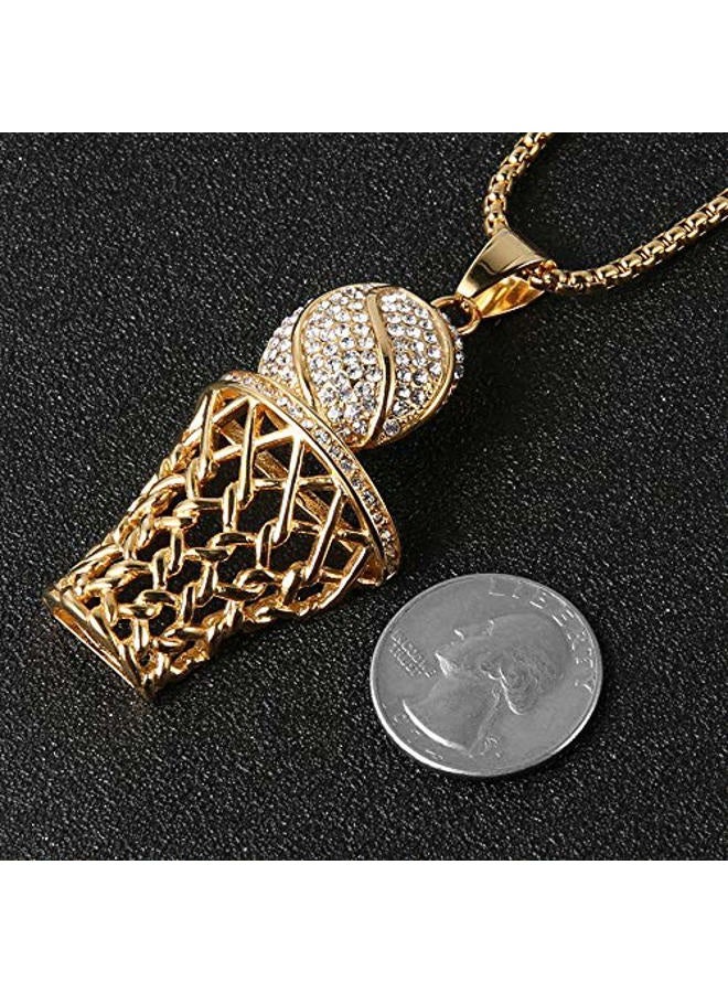 HZMAN Basketball Hoop Necklace for Men Stainless Steel 18K Gold Plated Cubic Zirconia Basketball Rim Sports Pendant Jewelry Gift, Small, Cubic Zirconia - Image 4