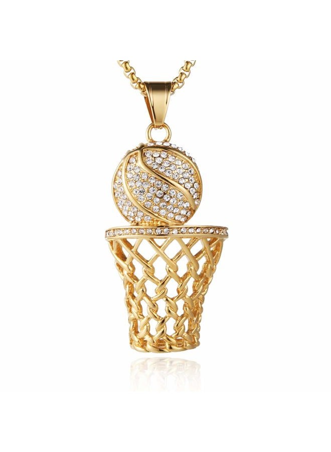 HZMAN Basketball Hoop Necklace for Men Stainless Steel 18K Gold Plated Cubic Zirconia Basketball Rim Sports Pendant Jewelry Gift, Small, Cubic Zirconia - Image 1