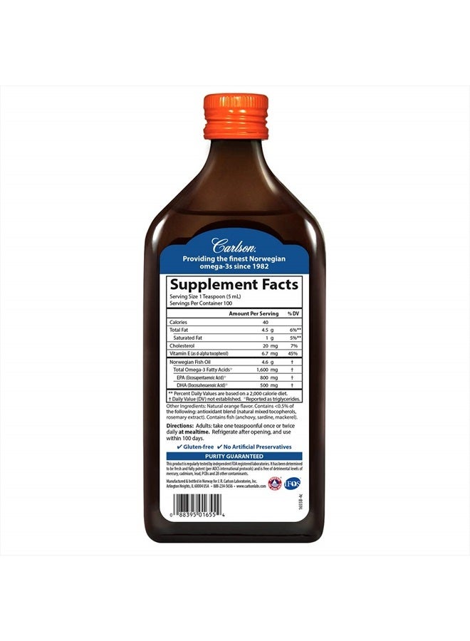 Carlson أفضل زيت سمك، 1600 ملغ أوميغا-3، مكمل زيت سمك سائل، زيت سمك نرويجي، سمك مصطاد من البرية، زيت سمك سائل مستدام المصدر، برتقالي، 16.9 أونصة سائلة - Image 2