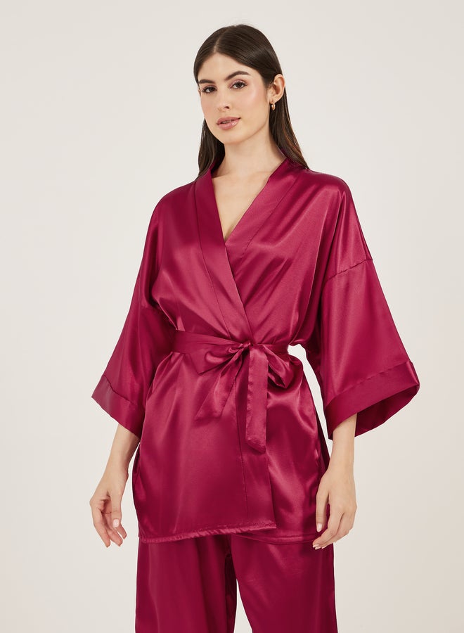 Styli Satin Tie Waist Kimono and Pyjama Set  - Image 2