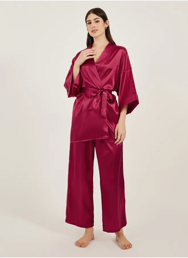 Styli Satin Tie Waist Kimono and Pyjama Set