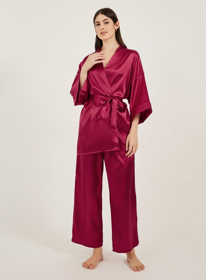 Styli Satin Tie Waist Kimono and Pyjama Set  - Image 1