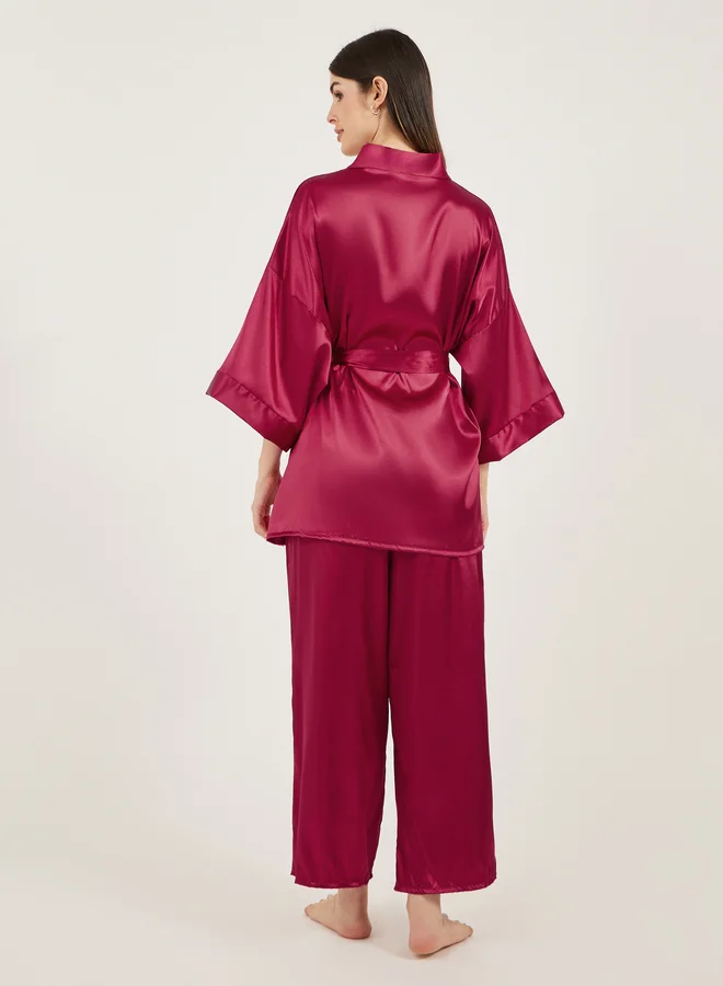 Styli Satin Tie Waist Kimono and Pyjama Set