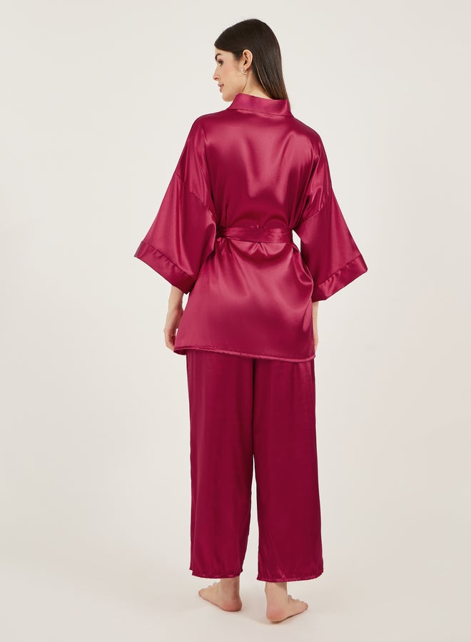 Styli Satin Tie Waist Kimono and Pyjama Set  - Image 4