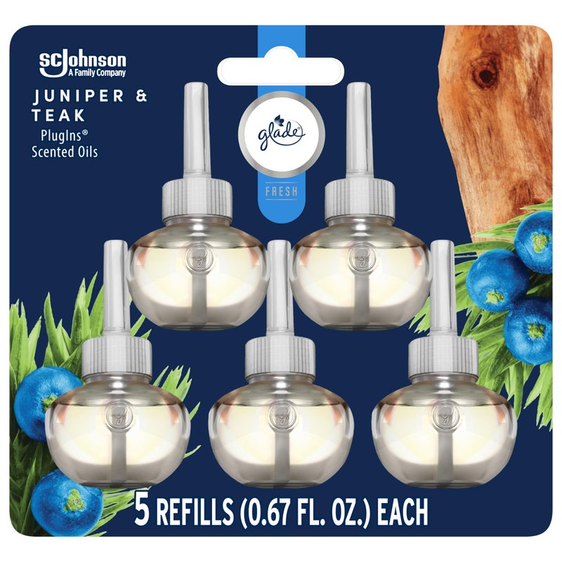 Glade PlugIns Refills Air Freshener, Scented and Essential Oils for Home and Bathroom, Juniper & Teak, Fresh Collection 3.35 Fl Oz, 5 Count - Image 1