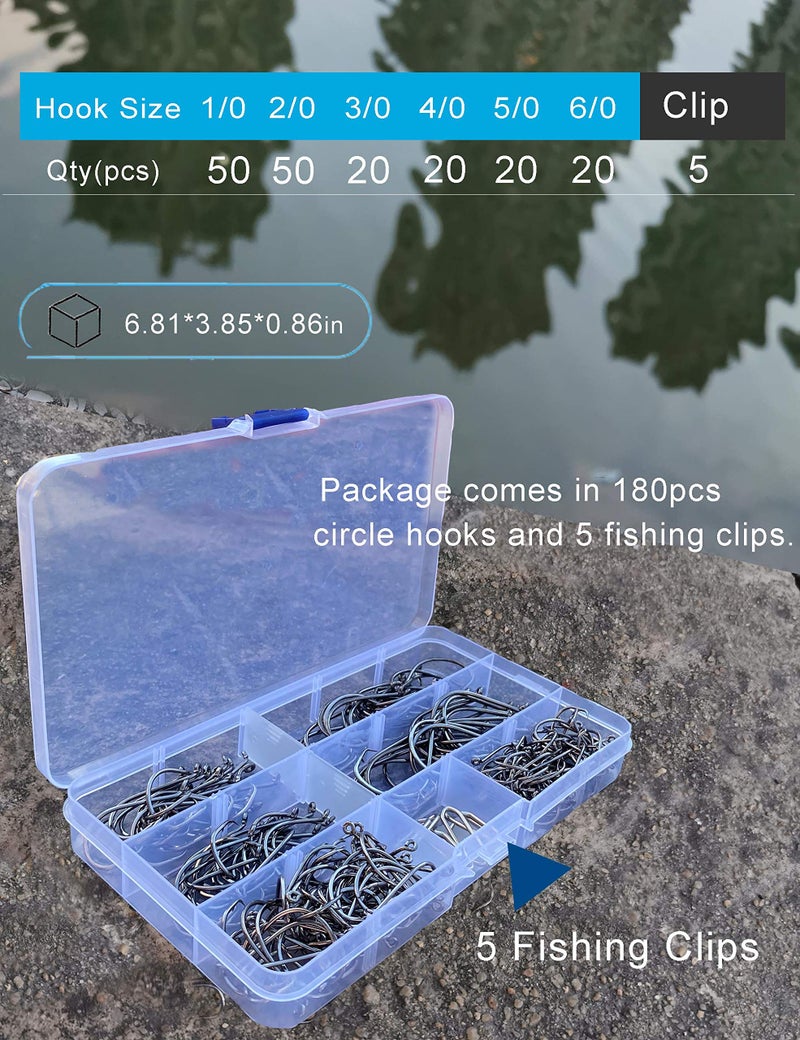 Facikono Circle Hooks Saltwater Catfish Bass Fishing Hooks, 180pcs Octopus Offset Fishing Hooks with 5pcs Power Clips - Image 2