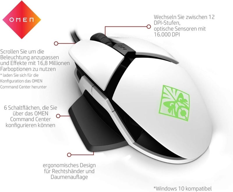 HP ماوس الألعاب السلكي OMEN Reactor، مستشعر بصري بدقة 16000 نقطة في البوصة (DPI)، 6 أزرار قابلة للبرمجة، إضاءة RGB، معدل تحديث 1000 هرتز، اتصال USB، مسند راحة يد قابل للتعديل، لون أبيض. - Image 5