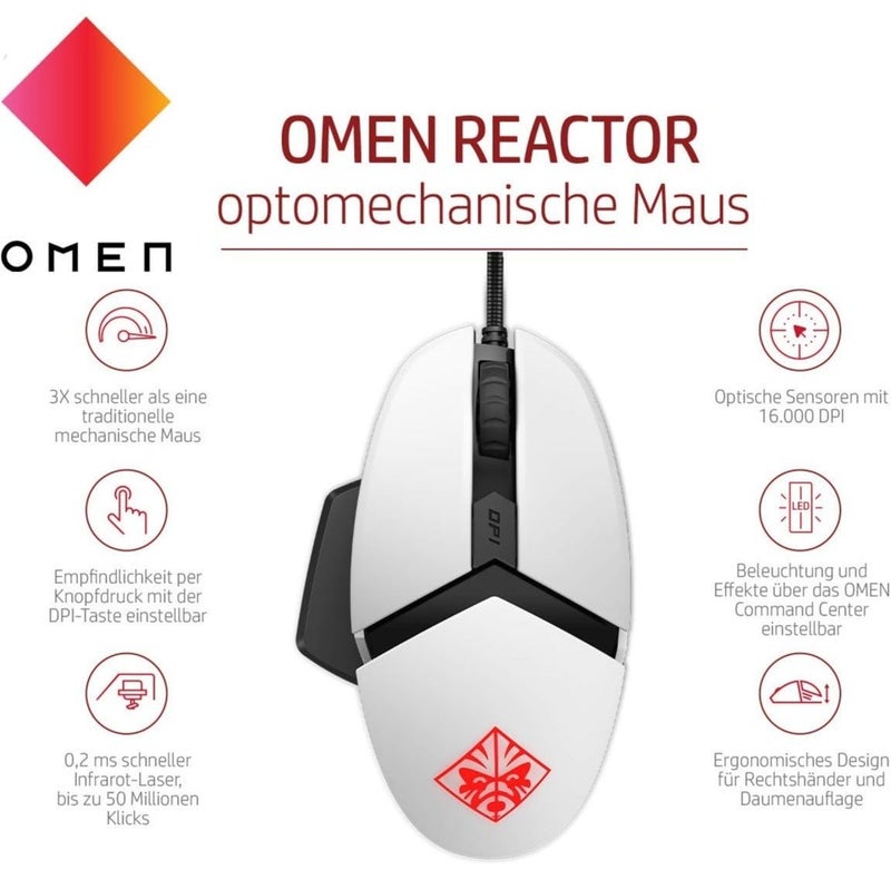 HP ماوس الألعاب السلكي OMEN Reactor، مستشعر بصري بدقة 16000 نقطة في البوصة (DPI)، 6 أزرار قابلة للبرمجة، إضاءة RGB، معدل تحديث 1000 هرتز، اتصال USB، مسند راحة يد قابل للتعديل، لون أبيض. - Image 4