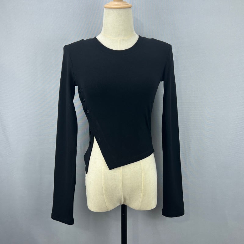 South Korea Dongdaemun Fashion Blogger Wear Wear ~ Button Split Tight Short Top Shoulder Pad Solid Color Long Sleeve T-Shirt For Women - Image 1