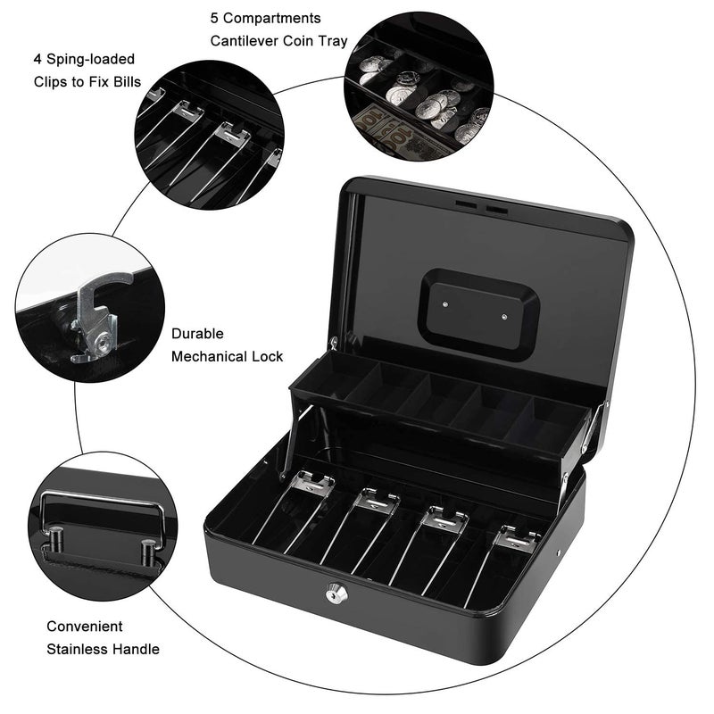 Lampostick Cash Box With Lock Key And Money Tray Large Money Box For Cash Register Metal Lock Box For Money Safe 118 X 94 X 354 Black - Image 2