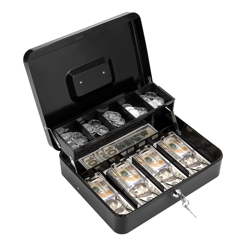 Lampostick Cash Box With Lock Key And Money Tray Large Money Box For Cash Register Metal Lock Box For Money Safe 118 X 94 X 354 Black - Image 1