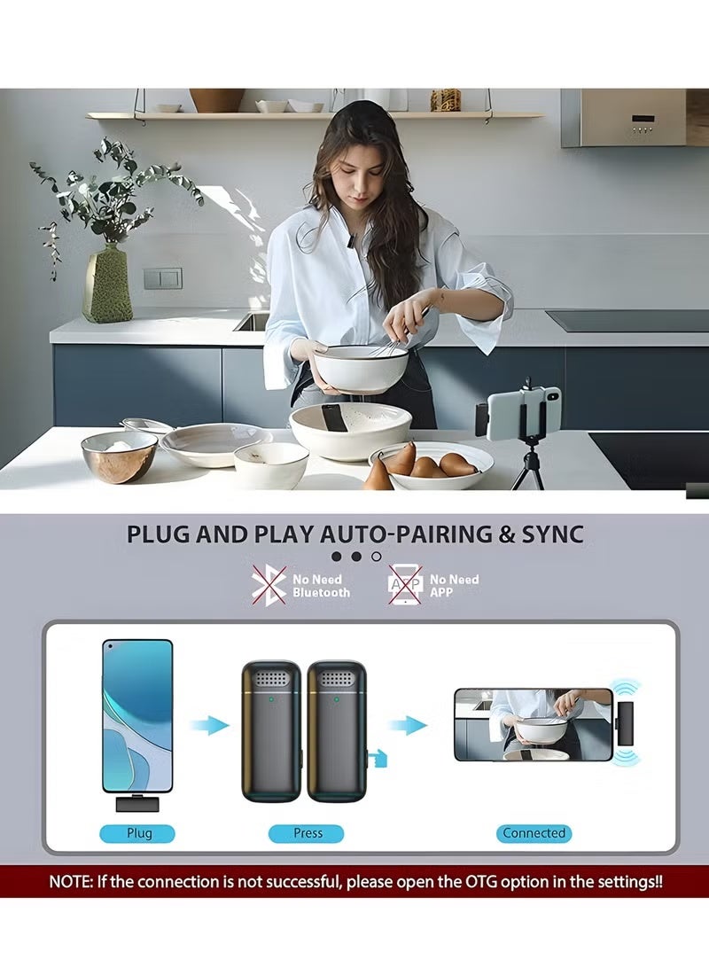 Neutral Wireless Lapel Microphone for USB-C Charging Case - Plug-and-play with two microphones, compatible with USB-C Android phones and iPhone 15 for video recording - interviews - vlogging - automatic synchronisation and noise reduction - 2.4 GHz (black) - Image 3