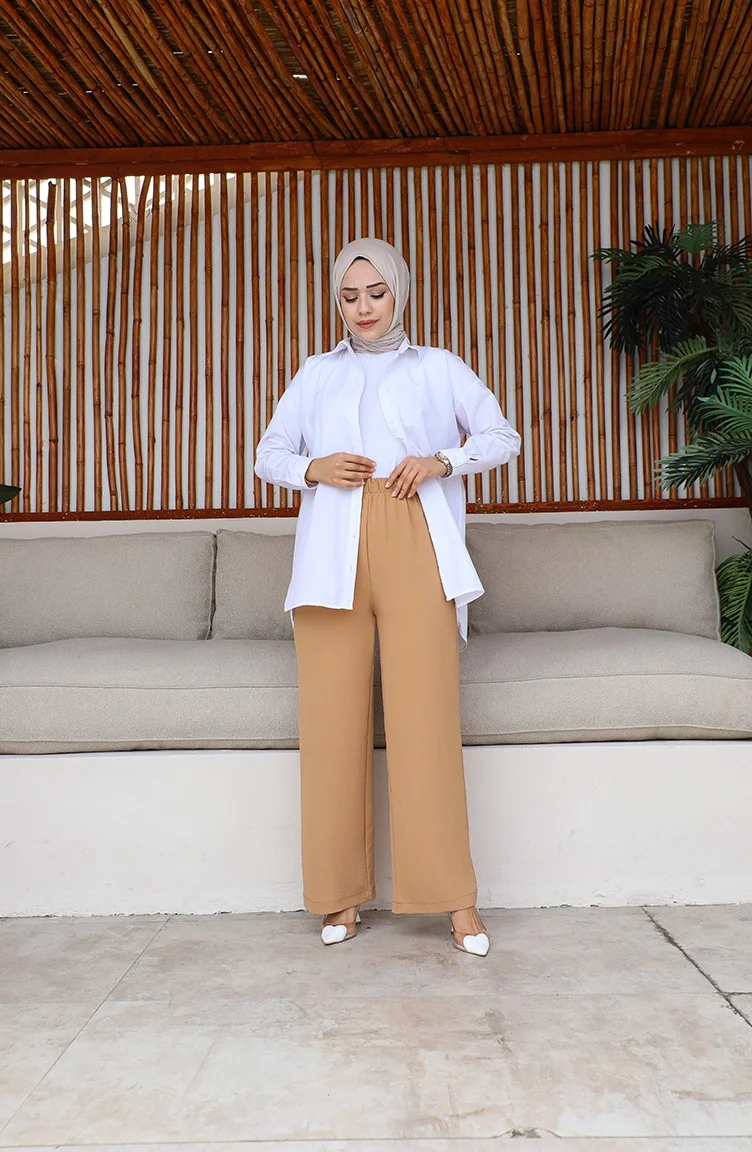 Sefa Merve Aerobin Fabric Wide Leg Trousers 1006-07 Tan