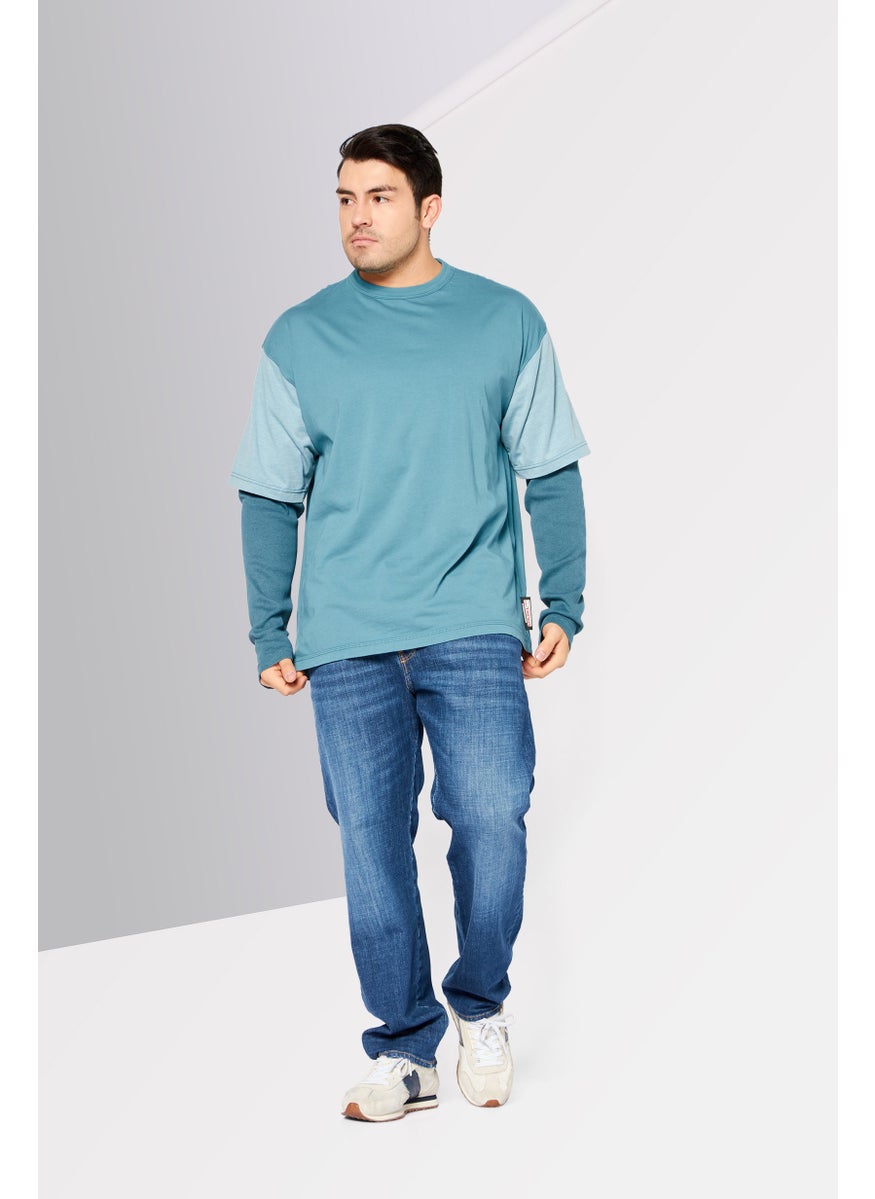 DIESEL - Men Crew Neck long Sleeve Brand Logo T-Shirt, Blue Combo - Image 1