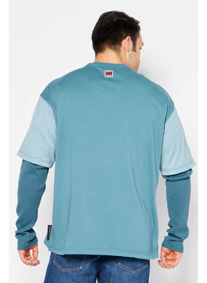 DIESEL - Men Crew Neck long Sleeve Brand Logo T-Shirt, Blue Combo - Image 1