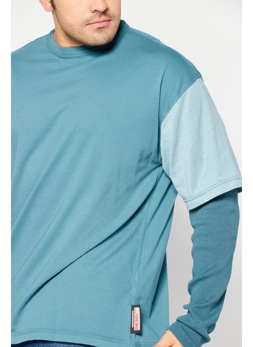 DIESEL - Men Crew Neck long Sleeve Brand Logo T-Shirt, Blue Combo - Image 1