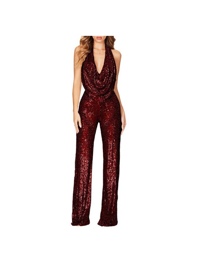 European And American New Summer Jumpsuit Women's Sleeveless Halter Sequined Jumpsuit Women