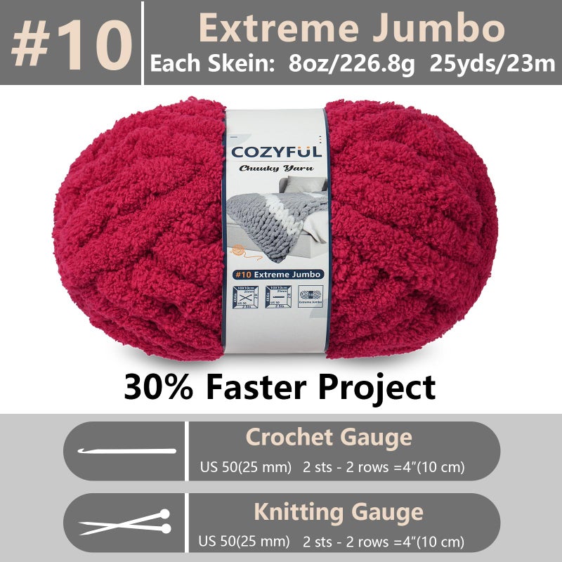 Cozyful خيوط صوفية مريحة للتريكو اليدوي - خيوط شنيلا سميكة #10، خيوط سميكة كبيرة لجعل الكروشيه، خيوط بطانية سميكة للغاية، 8 كرات (25 ياردة 8 أونصات لكل كرة)، أحمر الكرز - Image 2