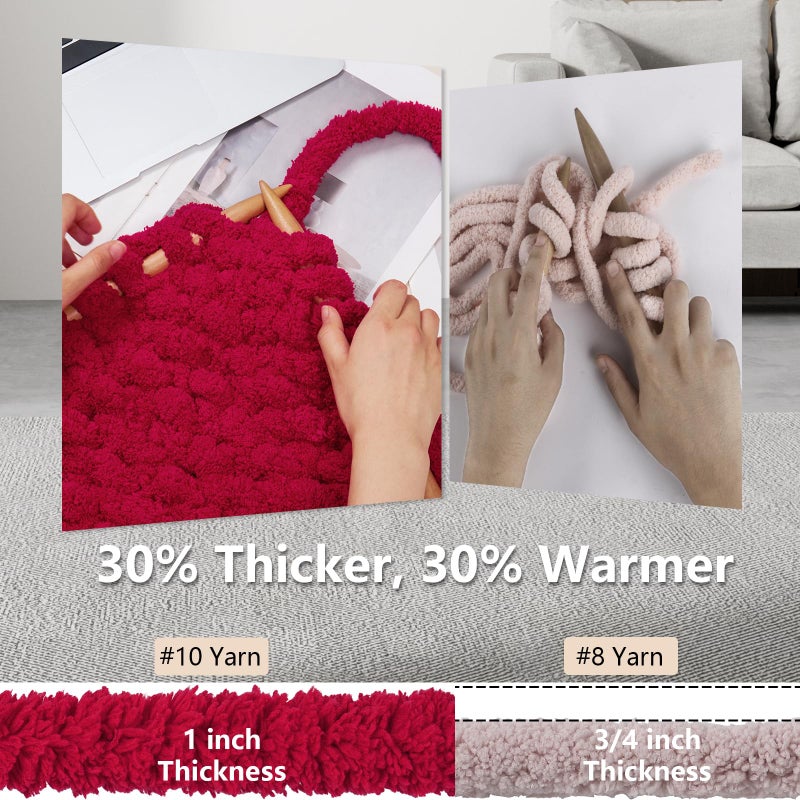 Cozyful خيوط صوفية مريحة للتريكو اليدوي - خيوط شنيلا سميكة #10، خيوط سميكة كبيرة لجعل الكروشيه، خيوط بطانية سميكة للغاية، 8 كرات (25 ياردة 8 أونصات لكل كرة)، أحمر الكرز - Image 3
