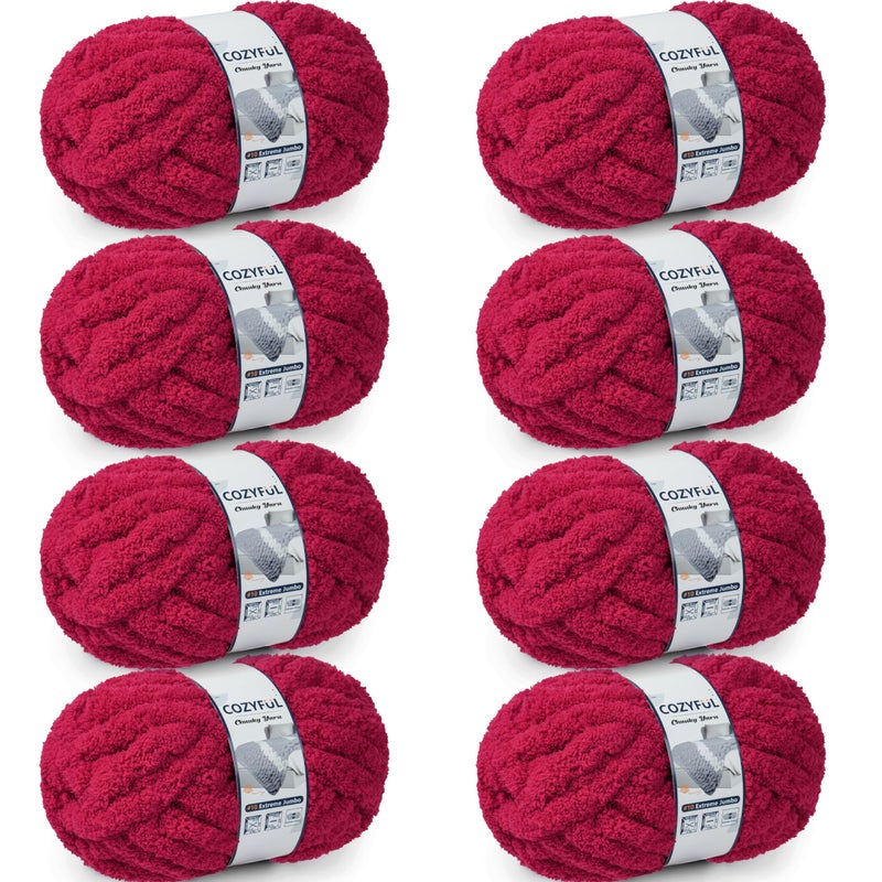 Cozyful خيوط صوفية مريحة للتريكو اليدوي - خيوط شنيلا سميكة #10، خيوط سميكة كبيرة لجعل الكروشيه، خيوط بطانية سميكة للغاية، 8 كرات (25 ياردة 8 أونصات لكل كرة)، أحمر الكرز - Image 1