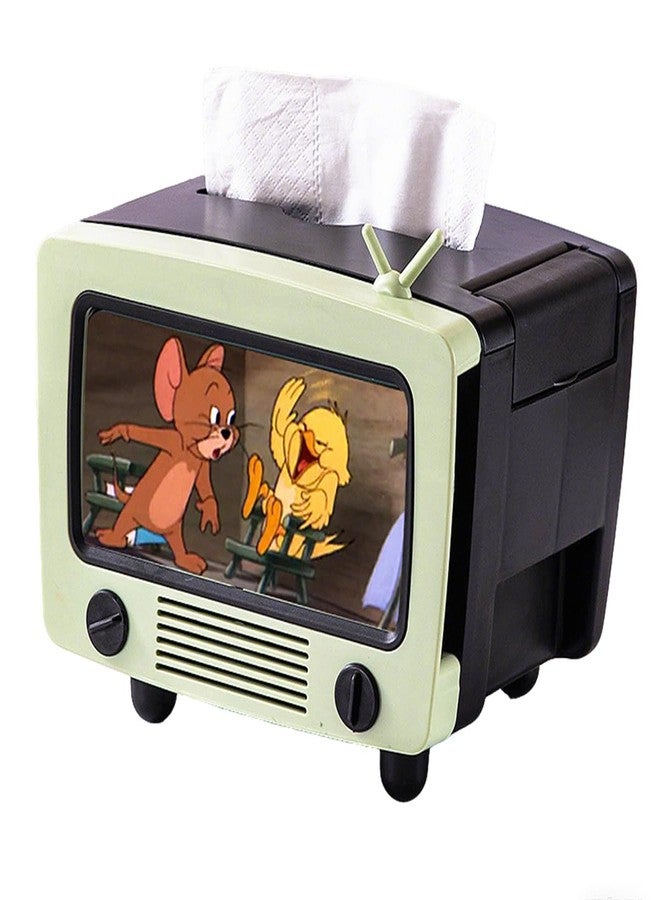 LSLANSOON Tissue Box Holder with Cell Phone Slot, Retro TV Shaped Tissue Case and Cellphone Holder Cellphone Stand, Versatile Tissue Dispenser Cover for Living Room, Kitchen, Bedroom, Bathroom (Vanilla Green) - Image 1