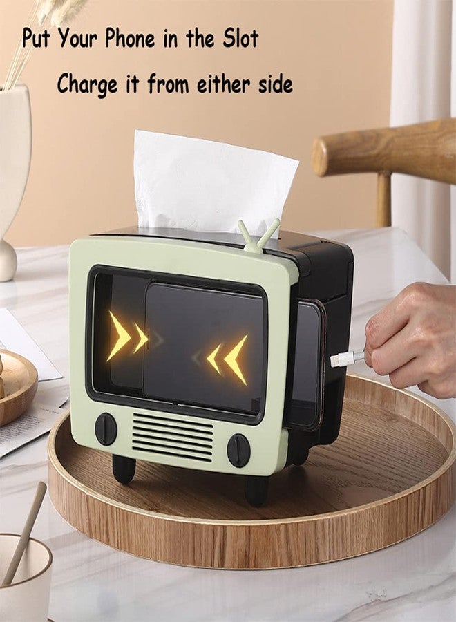 LSLANSOON Tissue Box Holder with Cell Phone Slot, Retro TV Shaped Tissue Case and Cellphone Holder Cellphone Stand, Versatile Tissue Dispenser Cover for Living Room, Kitchen, Bedroom, Bathroom (Vanilla Green) - Image 3