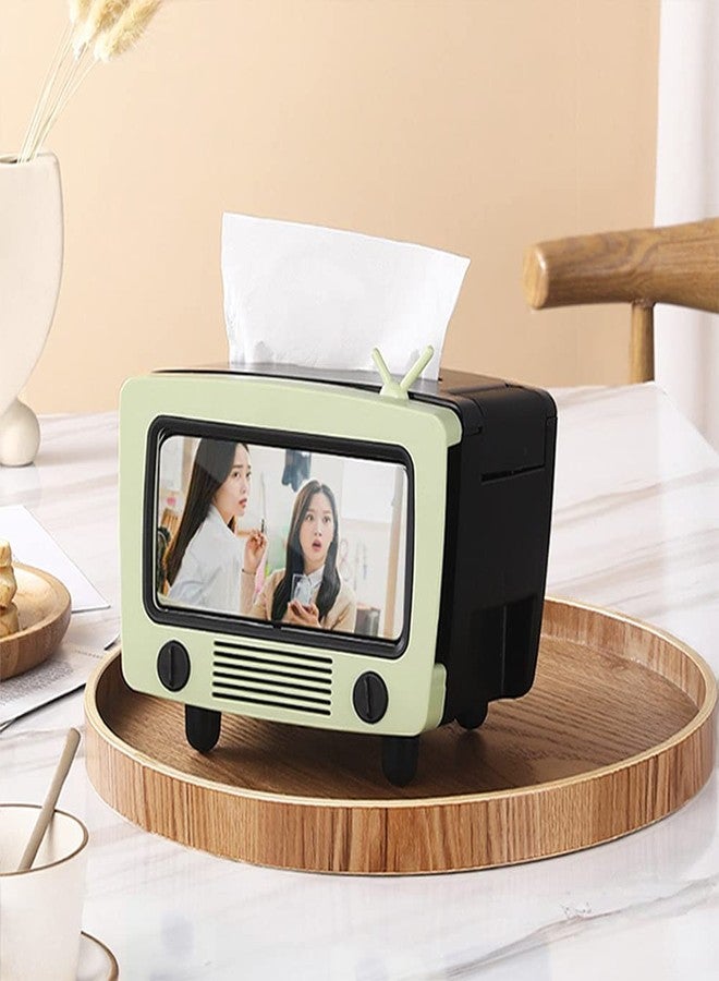 LSLANSOON Tissue Box Holder with Cell Phone Slot, Retro TV Shaped Tissue Case and Cellphone Holder Cellphone Stand, Versatile Tissue Dispenser Cover for Living Room, Kitchen, Bedroom, Bathroom (Vanilla Green) - Image 2