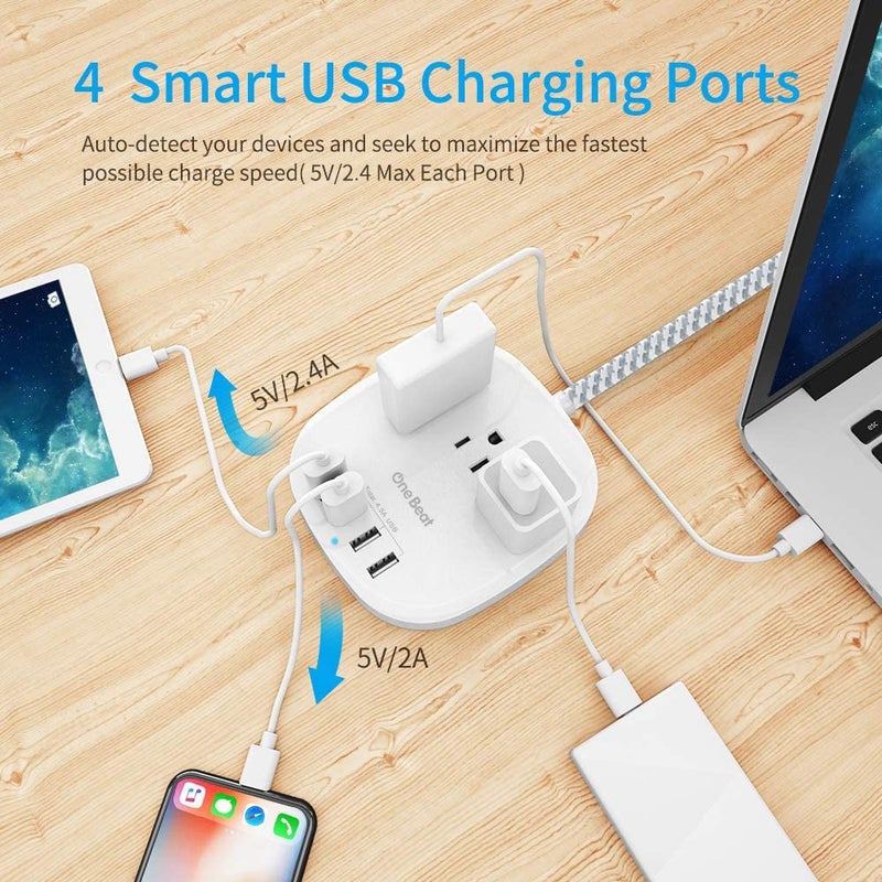 One Beat Desktop Power Strip with 3 Outlet 4 USB Ports 4.5A, Flat Plug and 5 ft Long Braided Extension Cords for Cruise Ship Travel Home Office, ETL Listed - Image 2