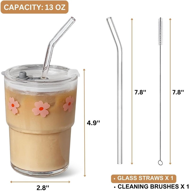 Olvini 13 oz Glass Cup with Straw and Lid, Reusable Iced Coffee, Glass Coffee Mug, Pink Flower - Image 3