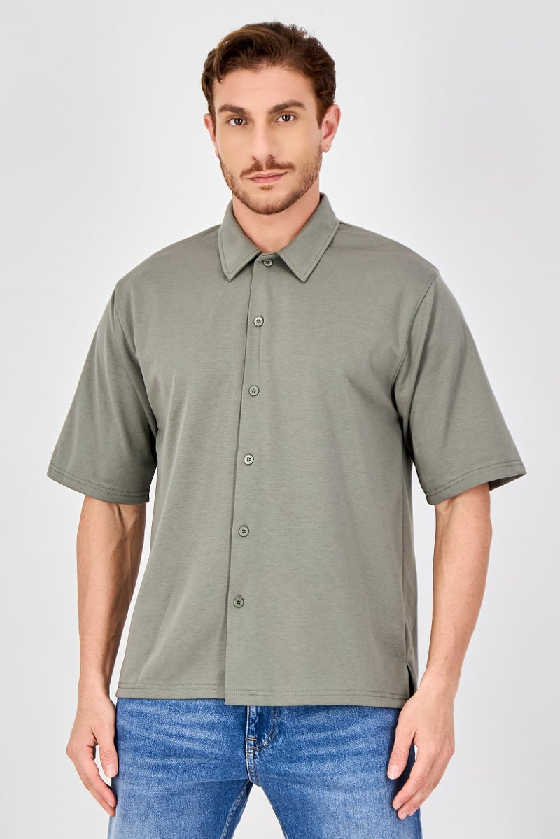 Aeropostale Men Regular Fit Solid Short Sleeve Casual Shirt, Olive - Image 1