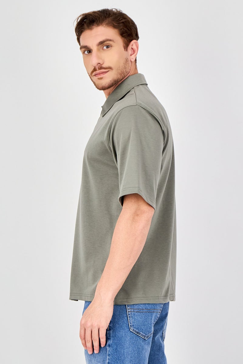 Aeropostale Men Regular Fit Solid Short Sleeve Casual Shirt, Olive - Image 3